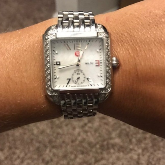 Michele Milou Diamond Stainless Steel square Watch with crystal, 66 diamonds - Picture 6 of 9